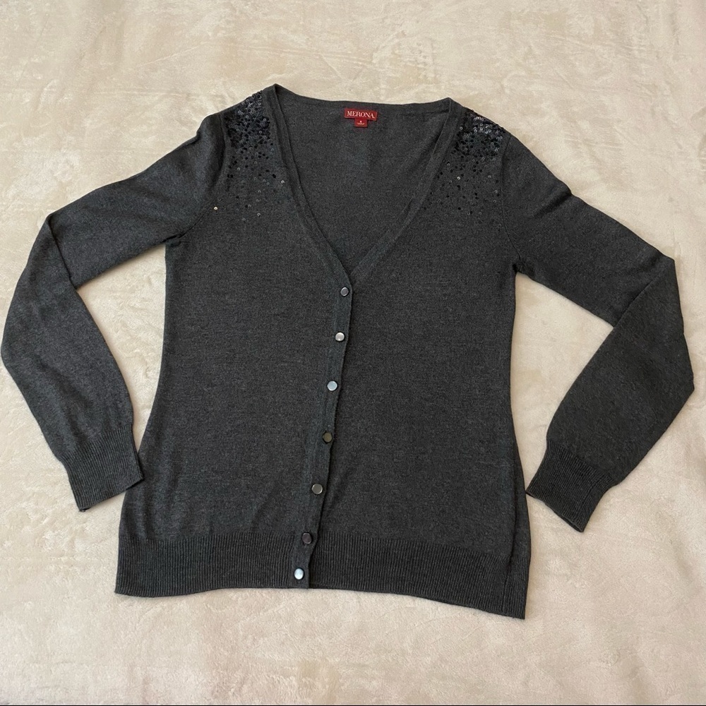 Merona smoke gray button down sweater with sequin detailing women’s size S